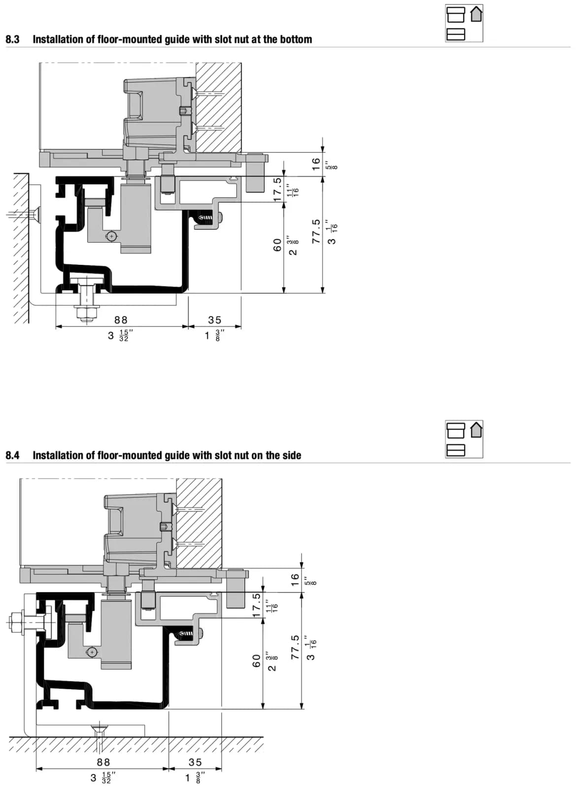 Mục 8.3 và 8.4 lắp dẫn hướng sàn bằng đai ốc rãnh, trang 19