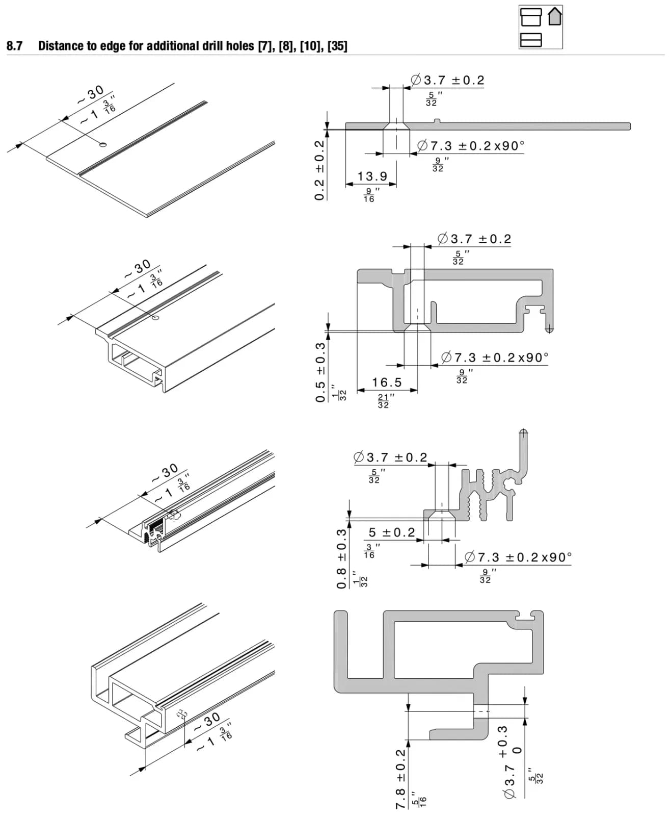 Mục 8.7 khoảng cách mép cho lỗ khoan thêm, trang 21