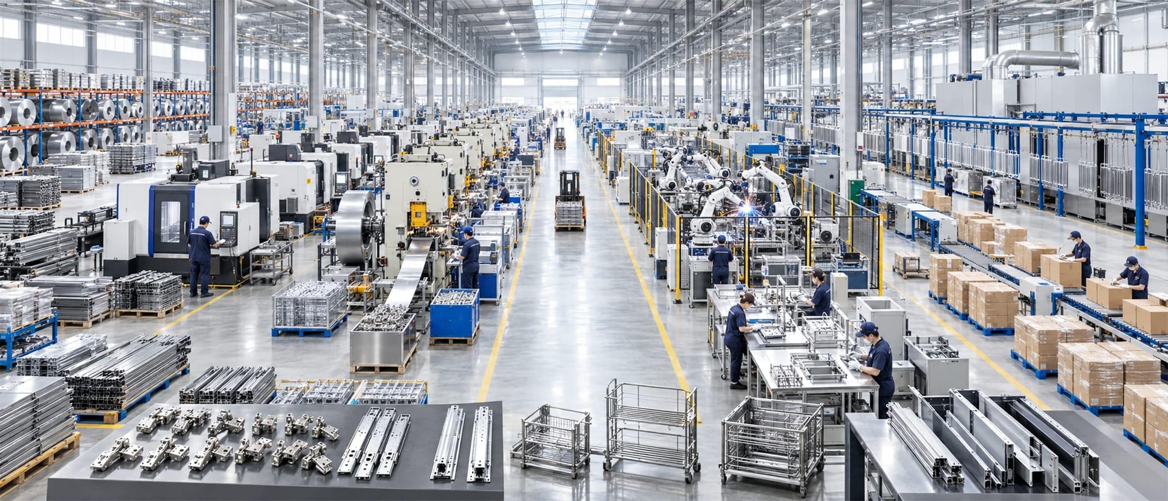 Xưởng gia công kim loại với dây chuyền máy và khu đóng gói