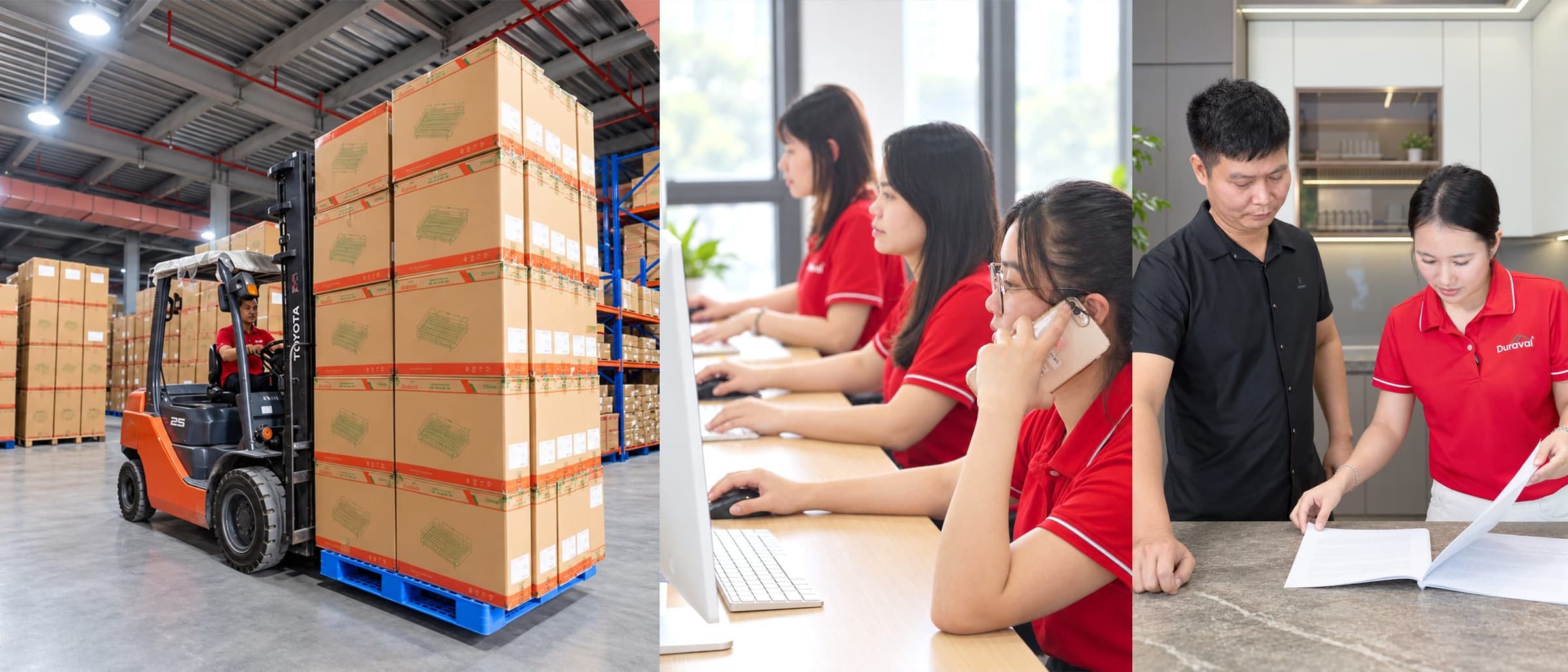 Xe nâng xếp hàng trong kho, nhân viên trực đơn và đối chiếu hồ sơ chất lượng