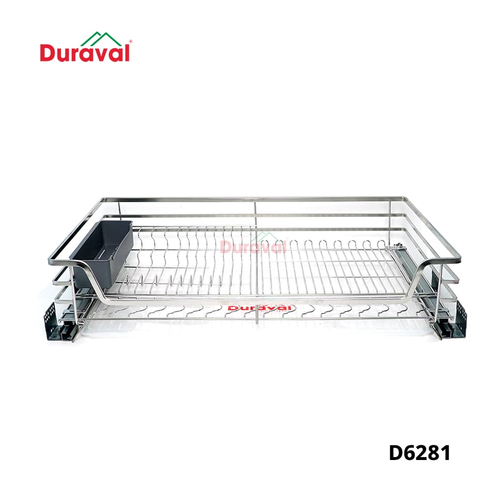 Giá bát đĩa đa năng inox 304 Duraval D6281 dùng cho tủ bếp dưới, có ray âm hai bên và khay nhựa đựng thìa đũa