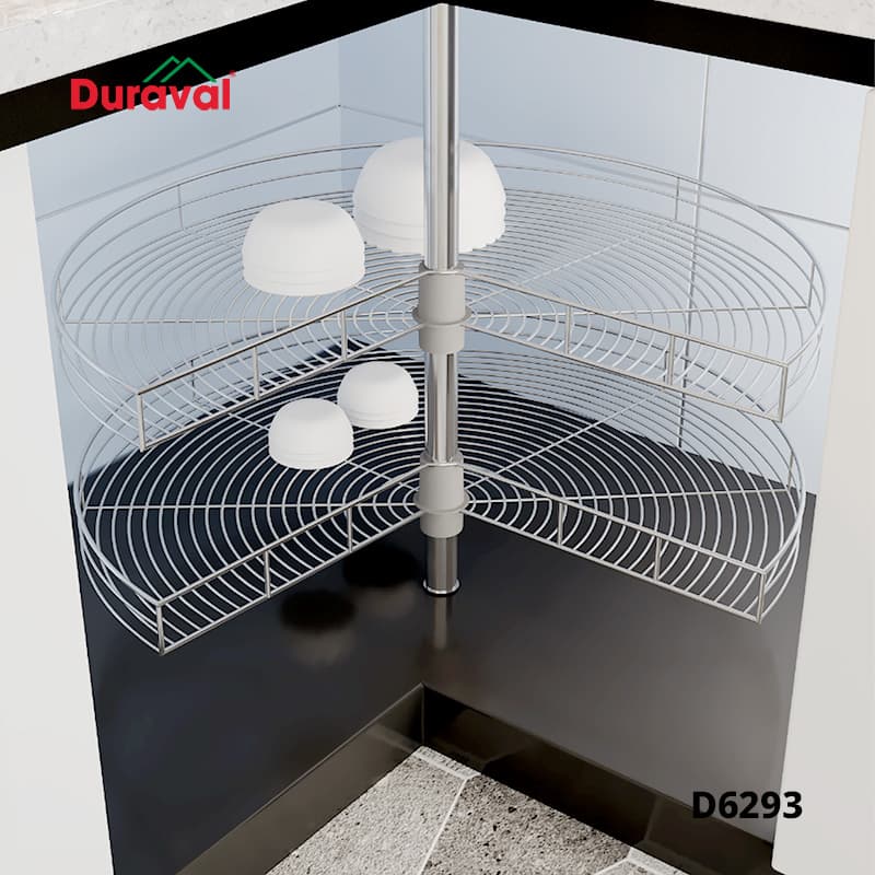 Kệ góc xoay 270 độ inox 304 Duraval D6293 hai giá ba phần tư hình tròn quanh trụ đứng trong thùng tủ góc chữ L