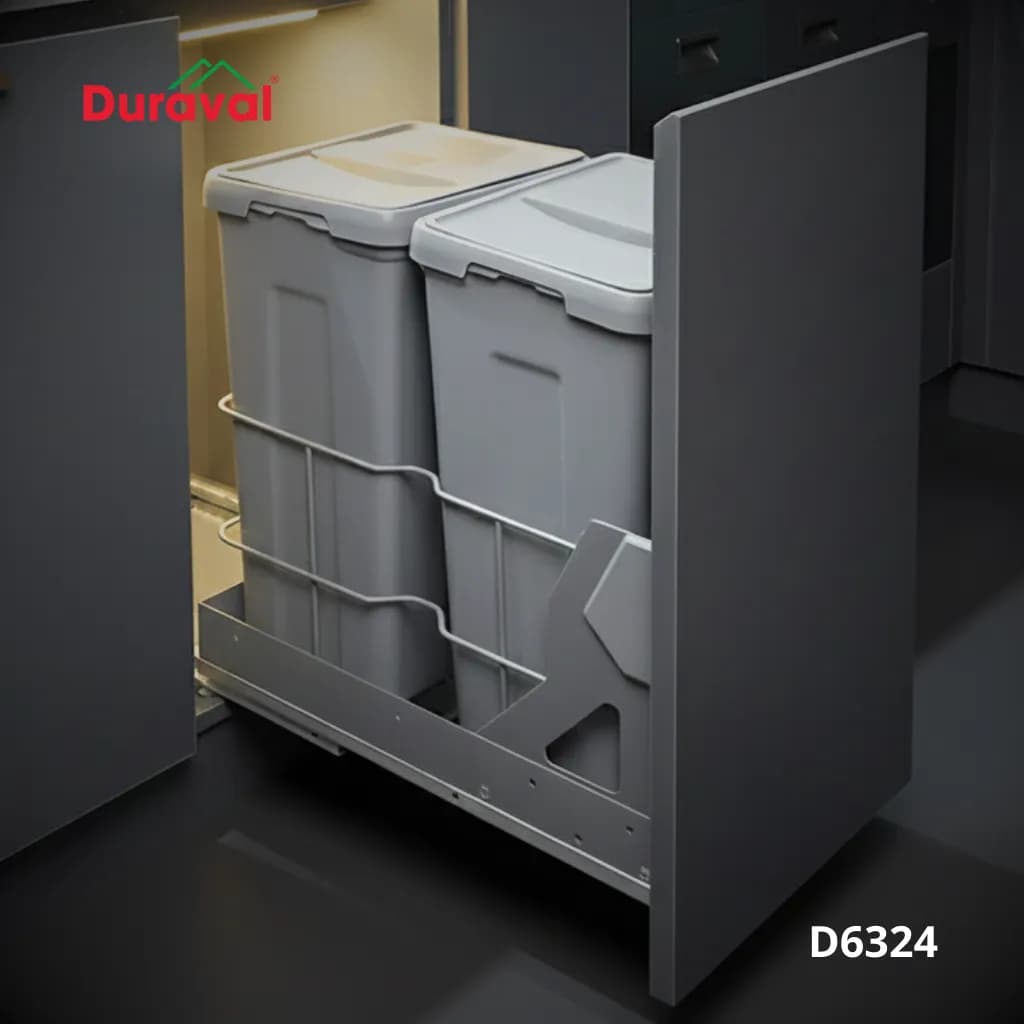 Thùng rác âm tủ bếp nắp đậy Duraval D6324 hai ngăn kéo ra khỏi khoang tủ dưới