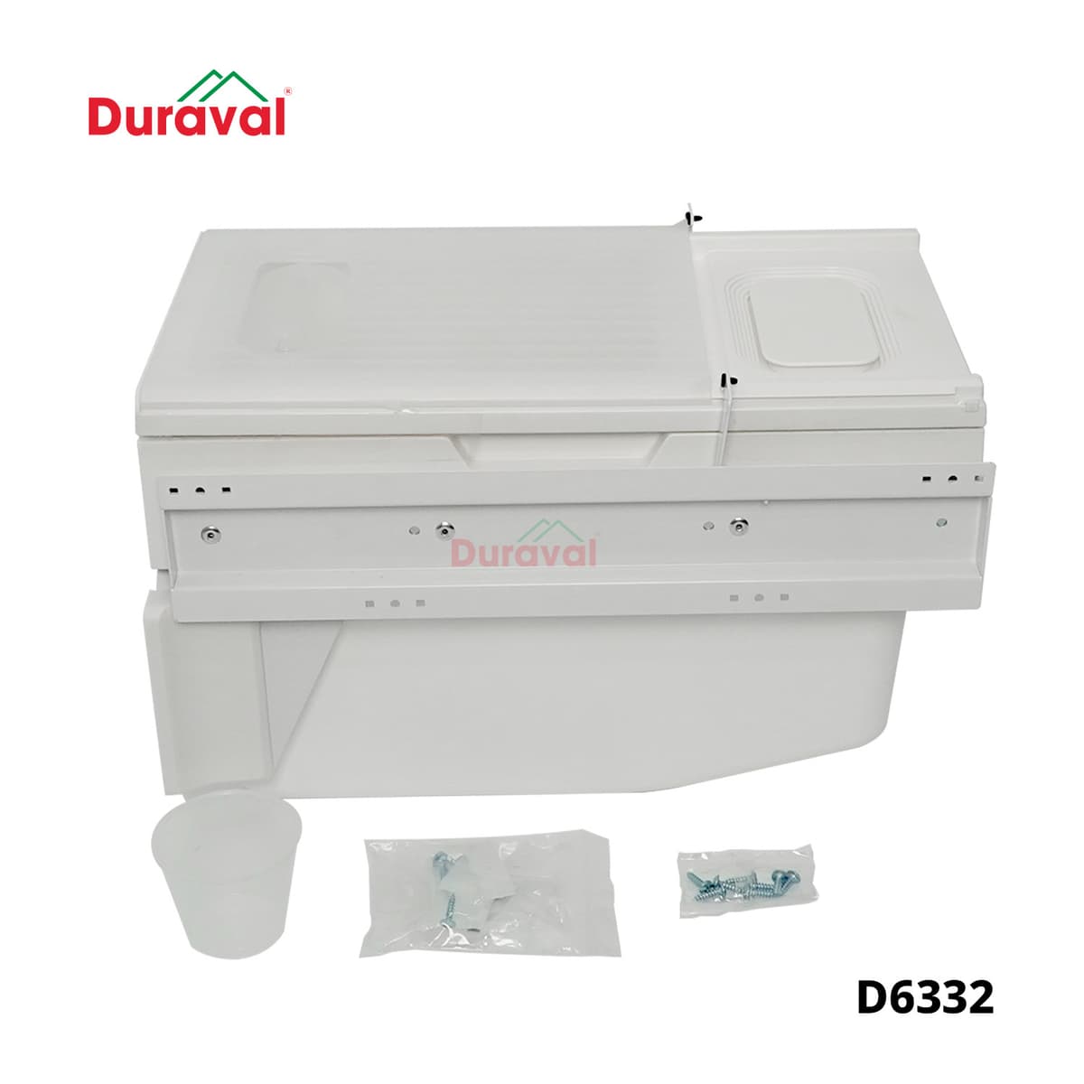 Thùng gạo âm tủ Duraval D6332 kéo ra khỏi khoang tủ bếp