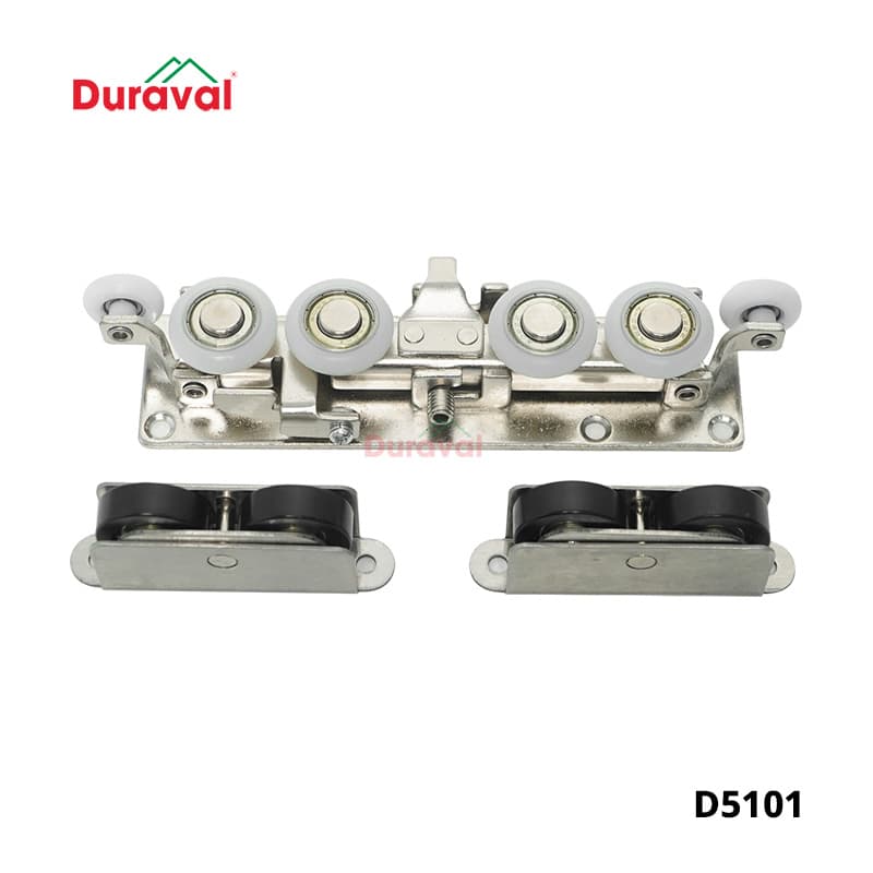 Cụm bánh xe treo và hai giảm chấn của bộ ray trượt cửa lùa âm cửa gỗ Duraval D5101 trên nền trắng