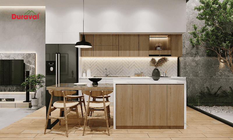 Ảnh minh họa: đảo vân gỗ cạnh bàn ăn