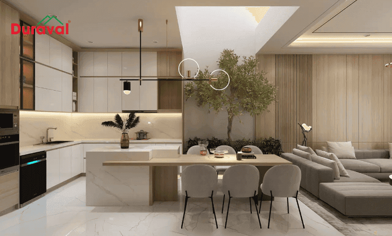 Ảnh minh họa: bếp có đảo, đèn hắt dưới tủ trên