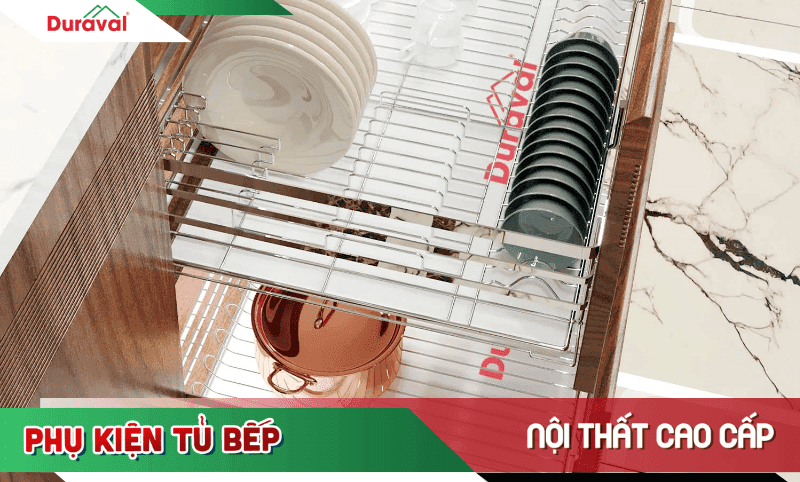 Ảnh minh họa: giá bát đĩa kéo inox Duraval trong tủ