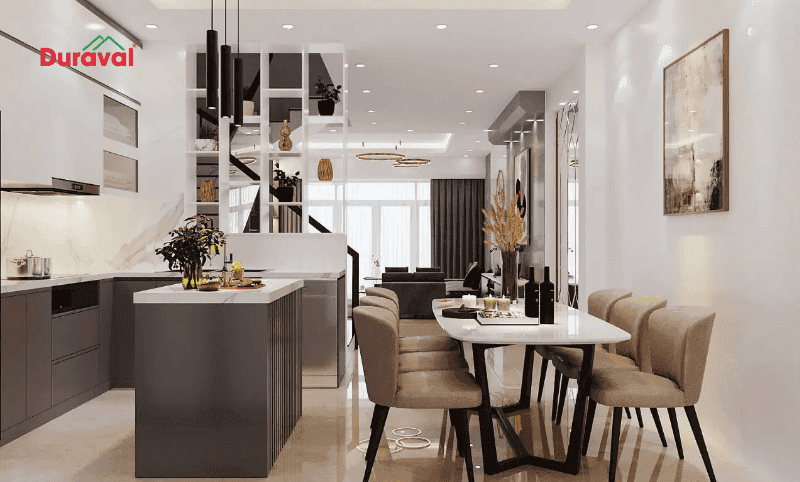 Ảnh minh họa: bếp chữ L có đảo, liền phòng khách