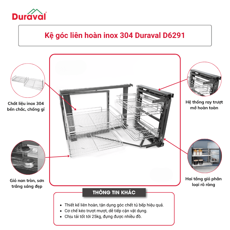 Kệ góc liên hoàn inox 304 Duraval D6291