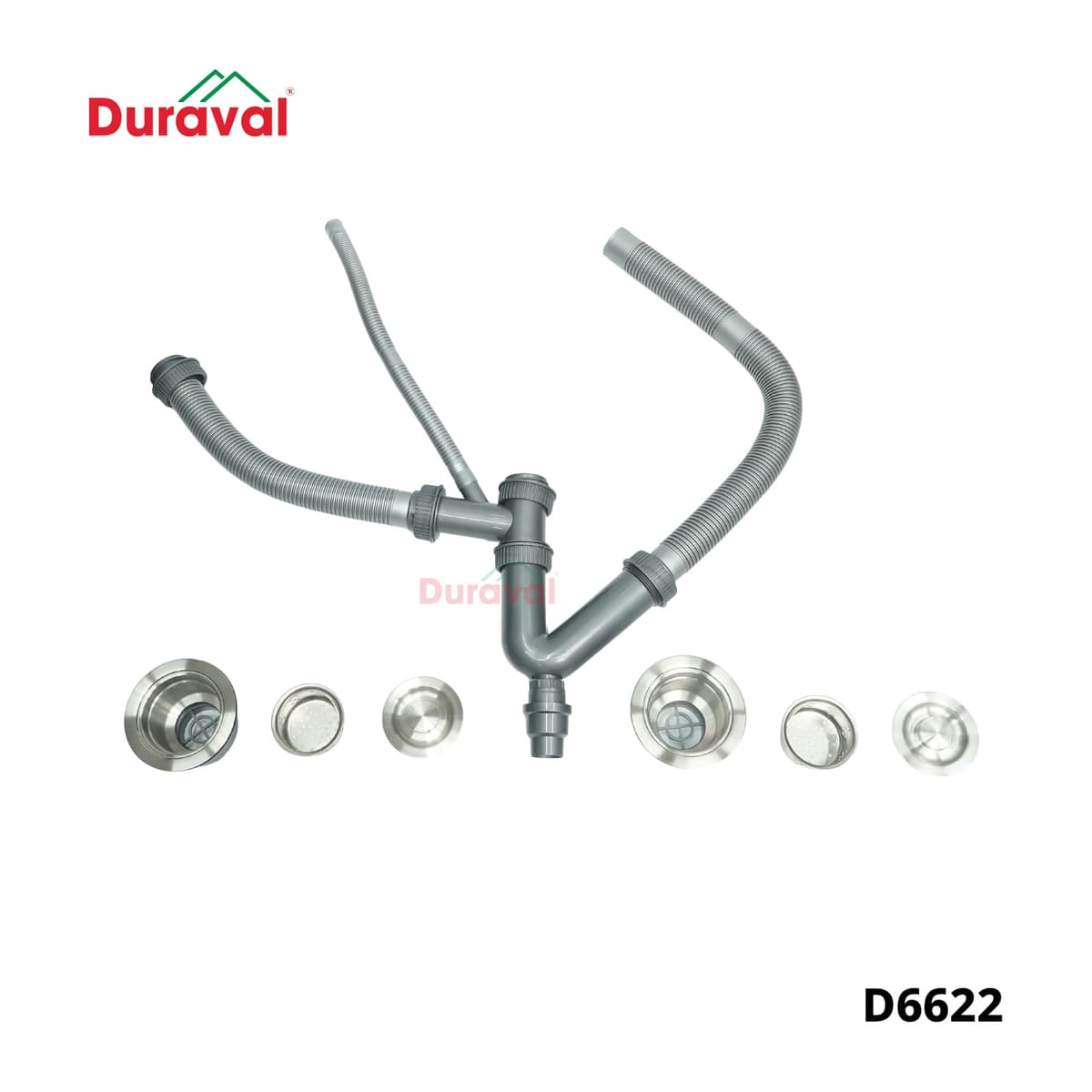 Bộ xả và ống xi phông kèm chậu rửa 2 hố inox 304 Duraval D6622, hai ống từ hai hố nối chung một ống xuống