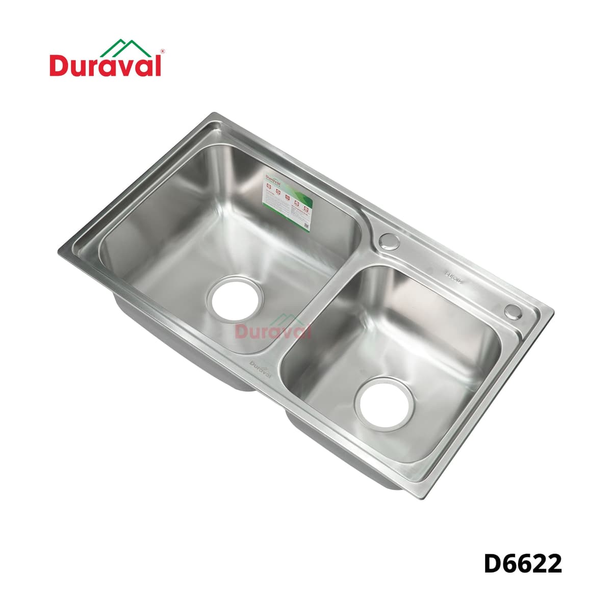 Chậu rửa 2 hố inox 304 Duraval D6622 nhìn nghiêng, góc lòng chậu bo tròn, một hố lớn và một hố nhỏ