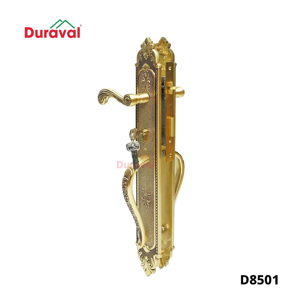 Khóa tay gạt Đồng Duraval D8501 có chìa cắm ở củ khóa giữa tay gạt và tay nắm cong phía dưới
