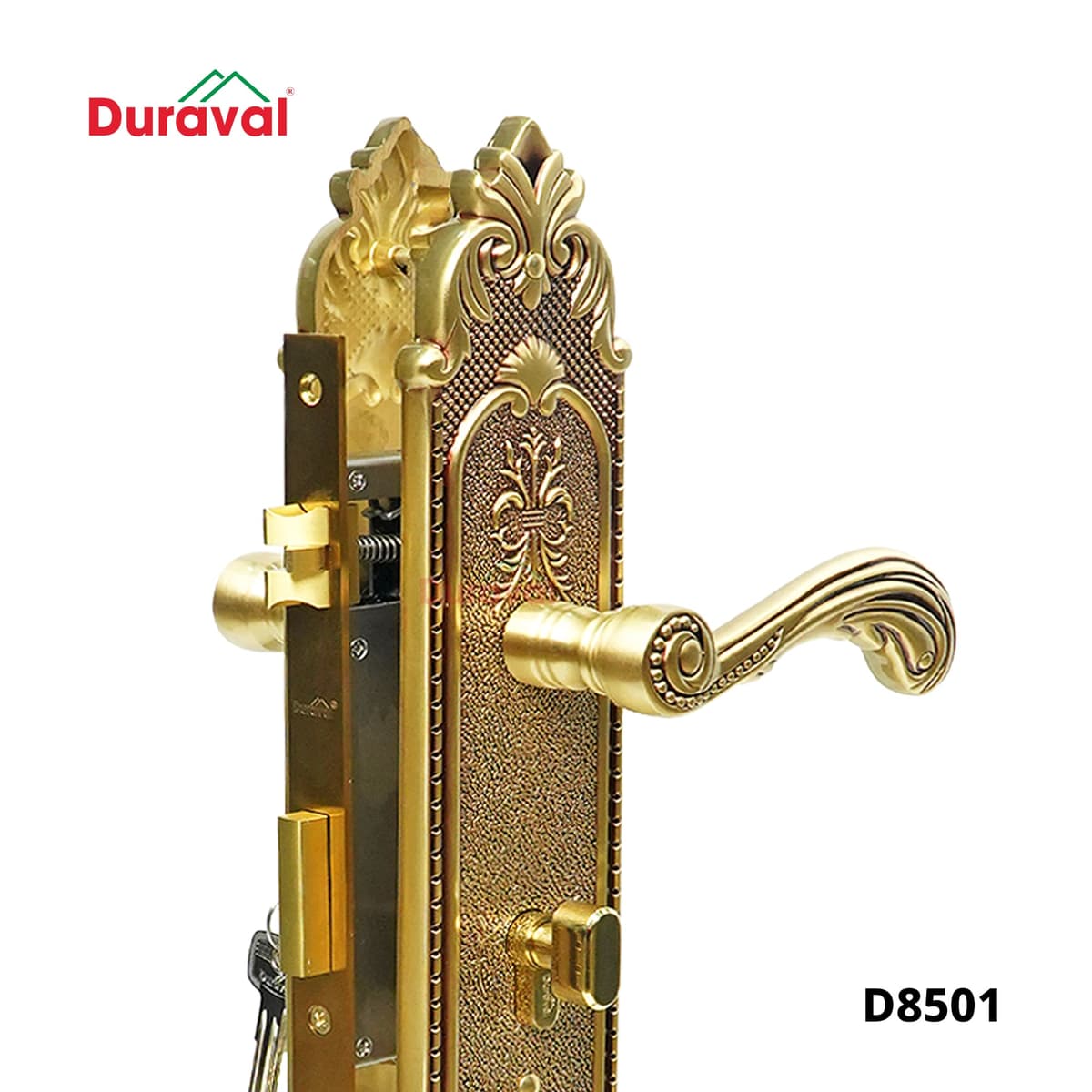 Cận cảnh khóa tay gạt Đồng Duraval D8501, núm vặn đồng nằm dưới tay gạt hoa văn