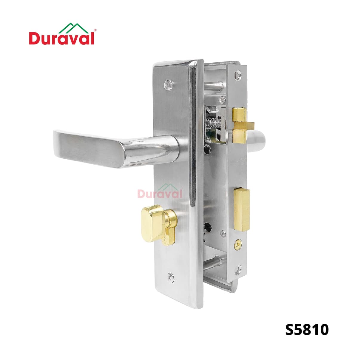 Mặt trong khóa tay gạt Inox Duraval S5810 có núm vặn màu đồng dưới tay gạt, mép thân khóa có lưỡi gà và chốt khóa