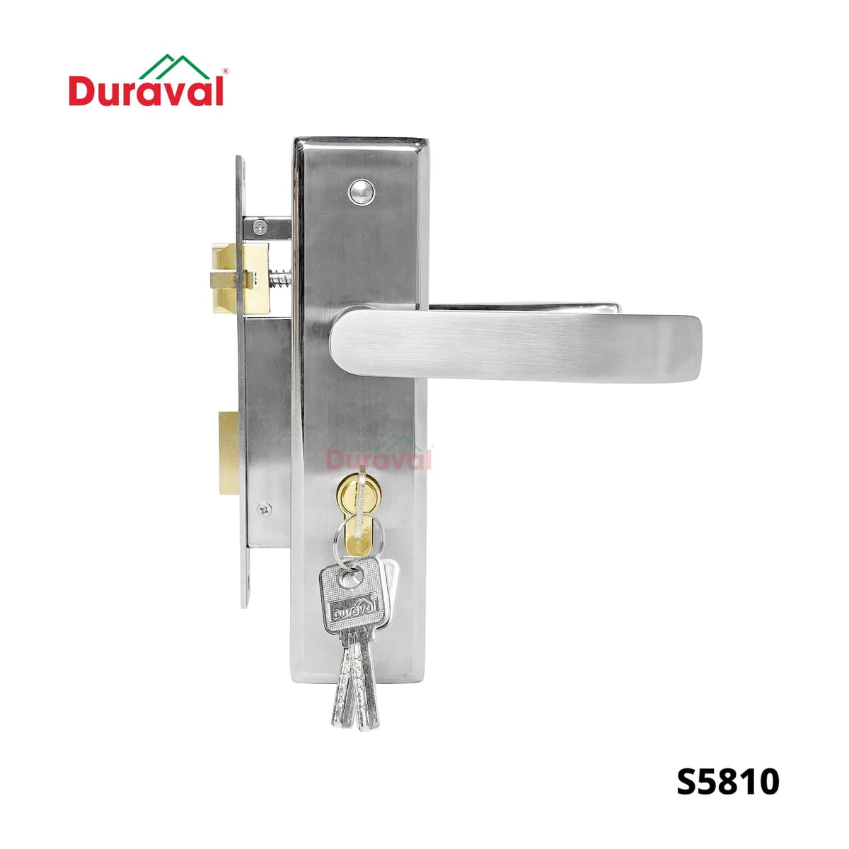 Mặt ngoài khóa tay gạt Inox Duraval S5810 với chìa cắm trong củ khóa dưới tay gạt