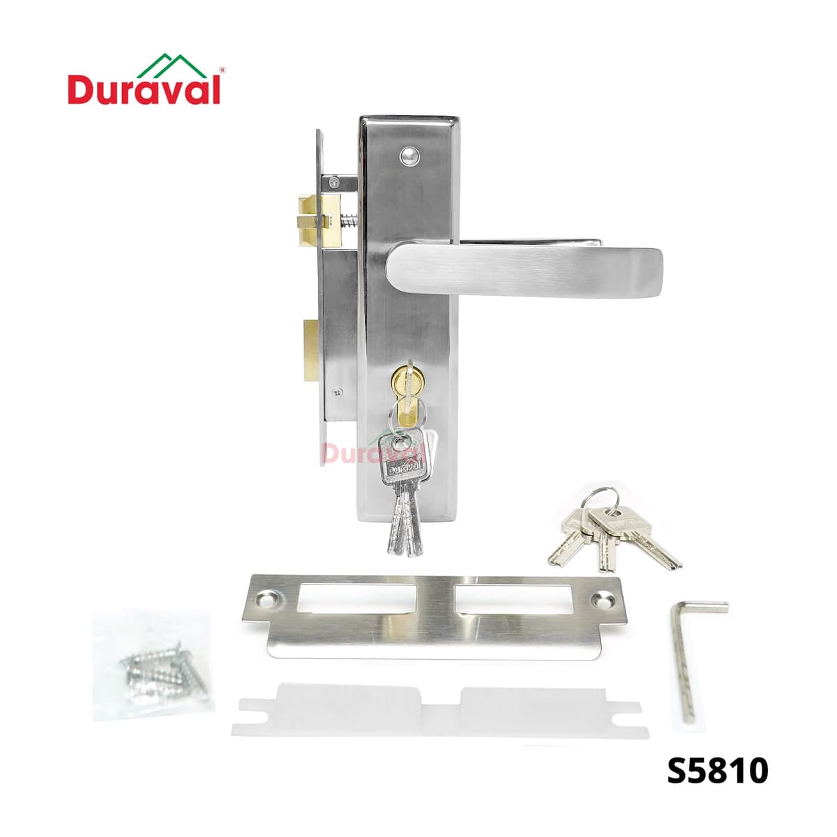 Bộ khóa cửa tay gạt Inox Duraval S5810 gồm tay gạt, thân khóa, củ khóa cắm chìa, 3 chìa, ốp phụ và vít