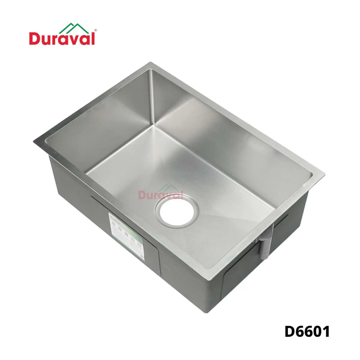 Chậu rửa 1 hố inox 304 Duraval D6601 nhìn nghiêng, lòng hố liền một khối, lỗ xả tròn ở đáy
