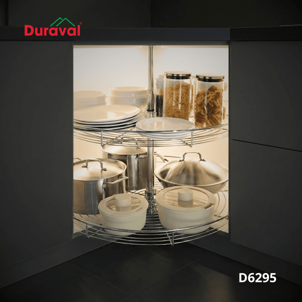 Kệ góc xoay 360 độ inox 304 Duraval D6295 hai tầng cho góc tủ bếp chữ L