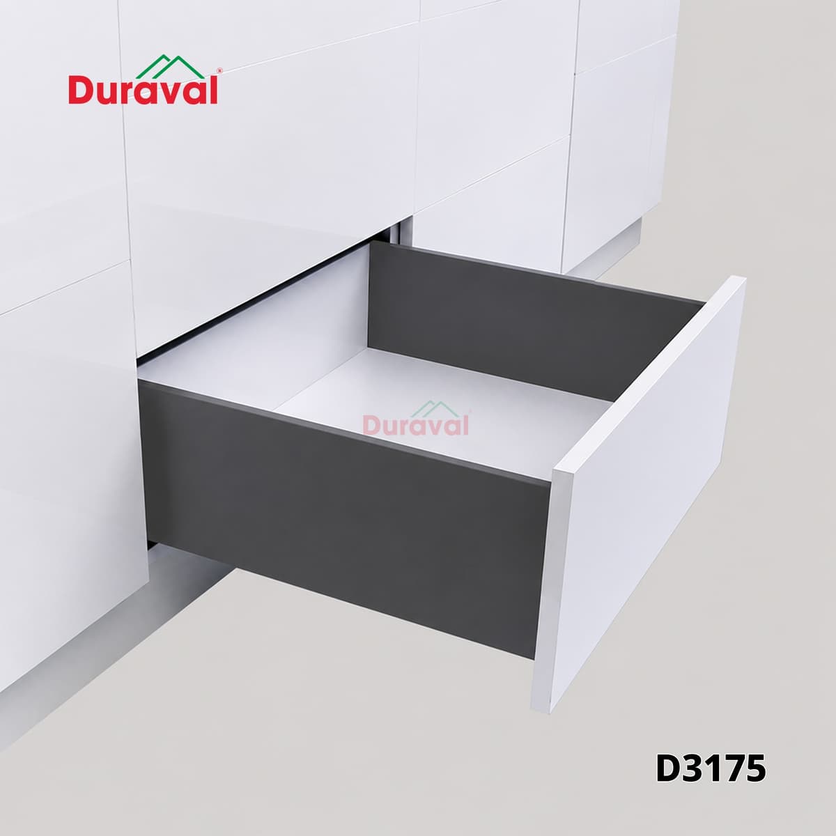 Ngăn kéo lắp bộ thành hộp 175mm Duraval D3175 màu xám đang kéo ra khỏi tủ bếp trắng