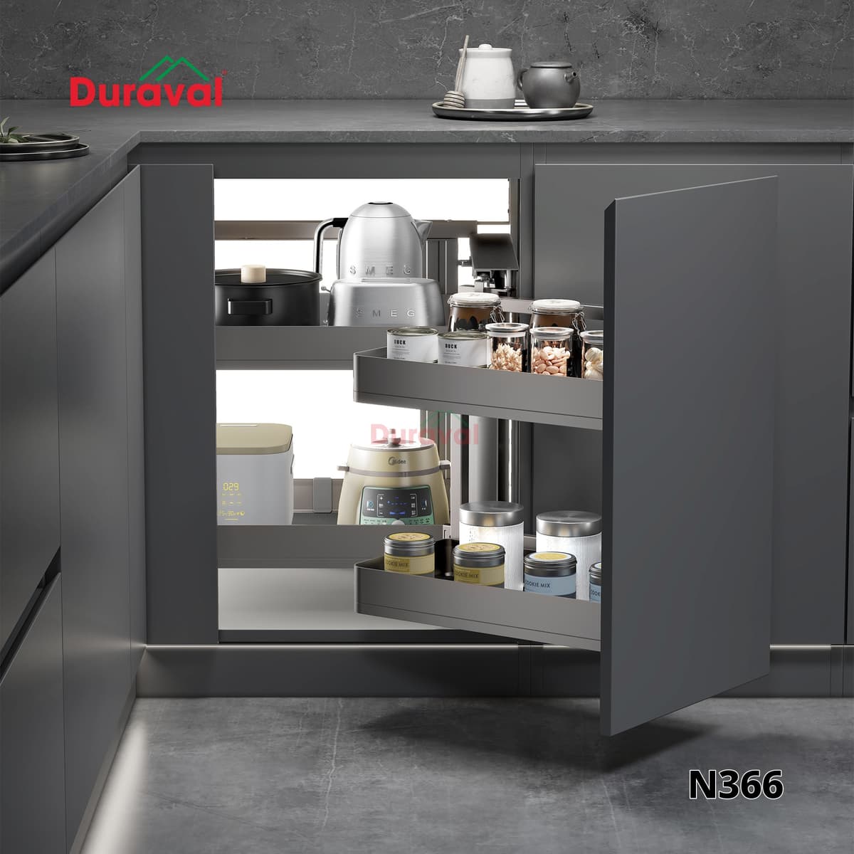 Tủ góc liên hoàn Space Duraval N366 với giỏ nhôm kéo ra từ góc tủ bếp
