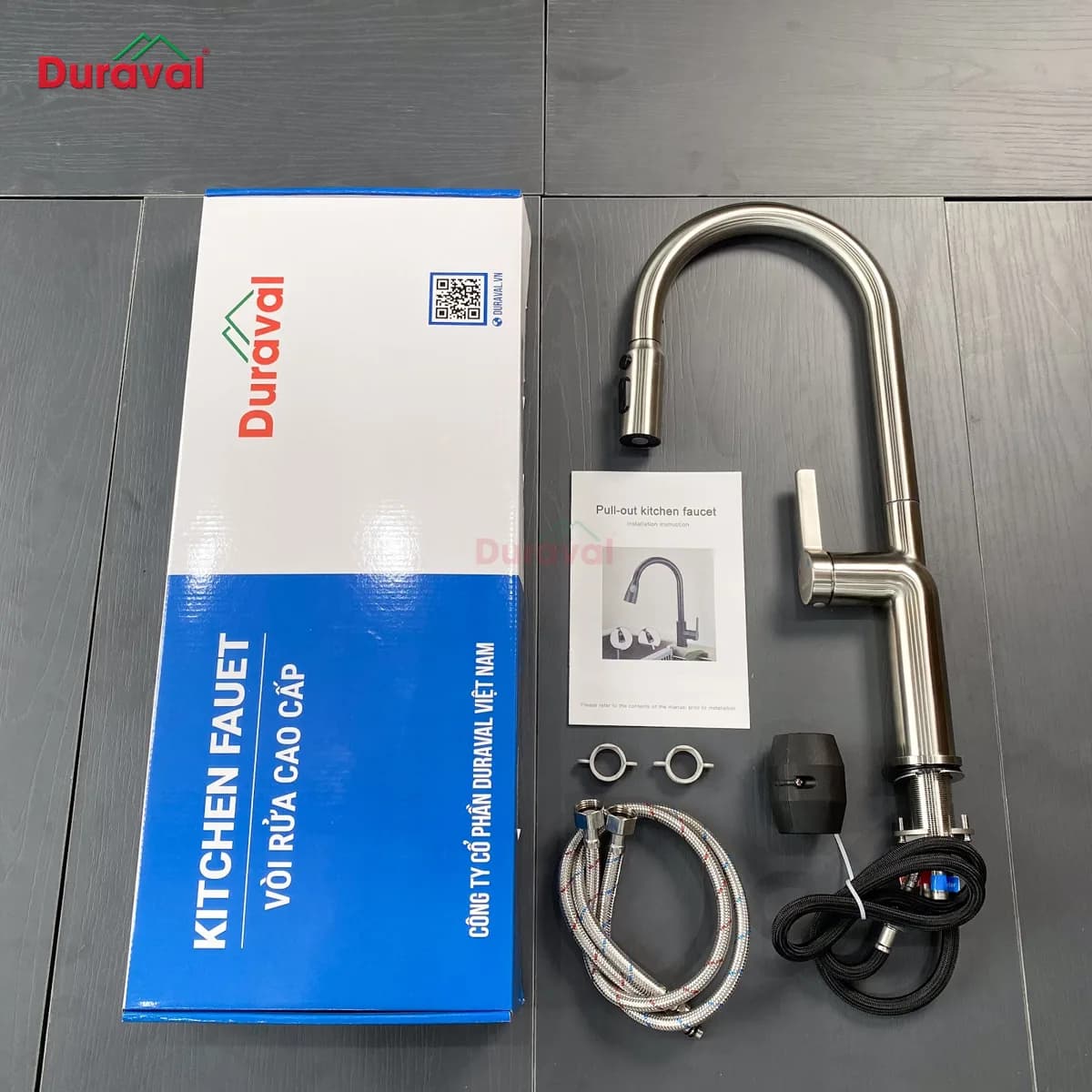 Vòi rửa bát Duraval D6804-1 đủ bộ trong hộp: đối chiếu đúng mã phụ kiện ghi trong hợp đồng khi nhận hàng