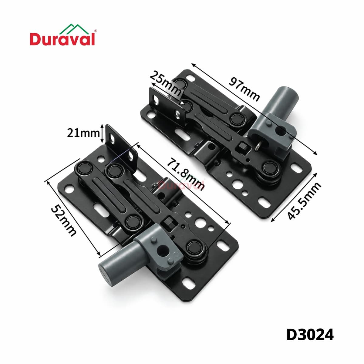 Kích thước bản lề cánh chậu rửa Duraval D3024: 97 x 45,5 mm, đế 71,8 x 52 mm