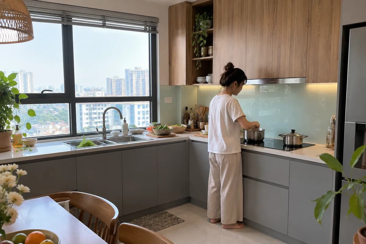 Bếp chữ L trong căn hộ chung cư, tủ dưới màu xám, tủ trên gỗ sáng, cửa sổ lớn cạnh bàn ăn