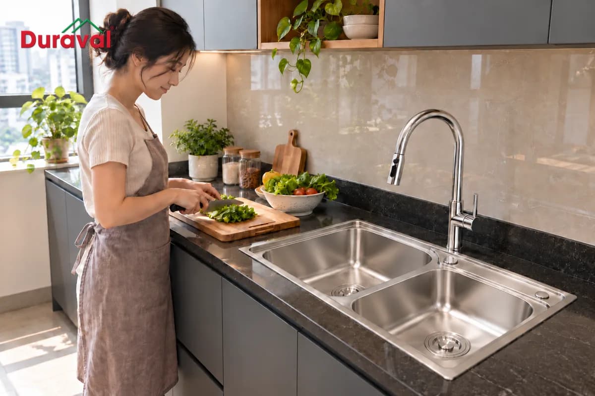 Bếp làm lại dùng chậu rửa 2 hố inox 304 Duraval D6622 và vòi rửa bát Duraval D6804