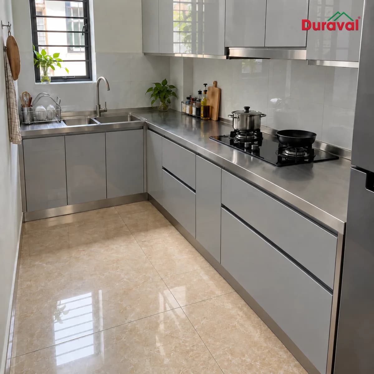 Bếp tầng một nhà ống với tủ bếp khung nhôm, thùng inox, cánh acrylic, nền gạch khô ráo