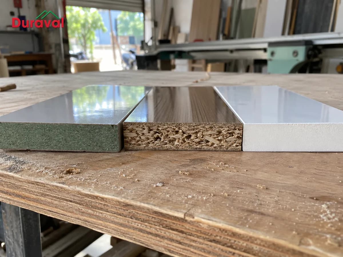 Cận cảnh cạnh cắt ba mẫu ván tủ bếp: MDF lõi xanh, ván dăm và tấm nhựa đặc, giúp phân biệt vật liệu thùng tủ