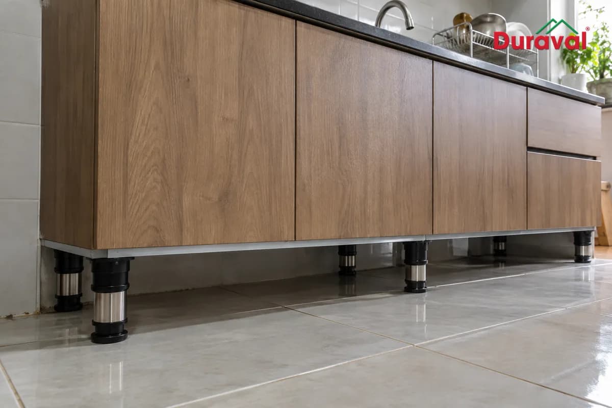 Chân tủ bếp bằng nhựa và inox nâng thùng tủ cách nền gạch, gầm tủ khô thoáng