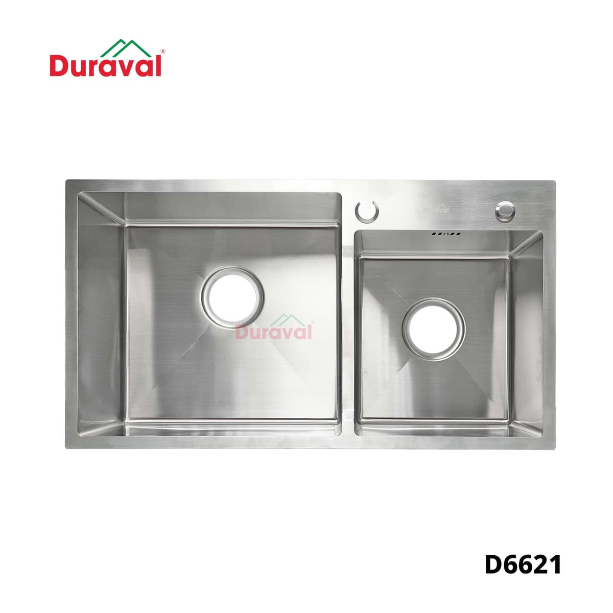 Chậu rửa 2 hố inox 304 Duraval D6621 nhìn từ trên xuống, một hố lớn, một hố nhỏ, lỗ vòi phía sau hố nhỏ
