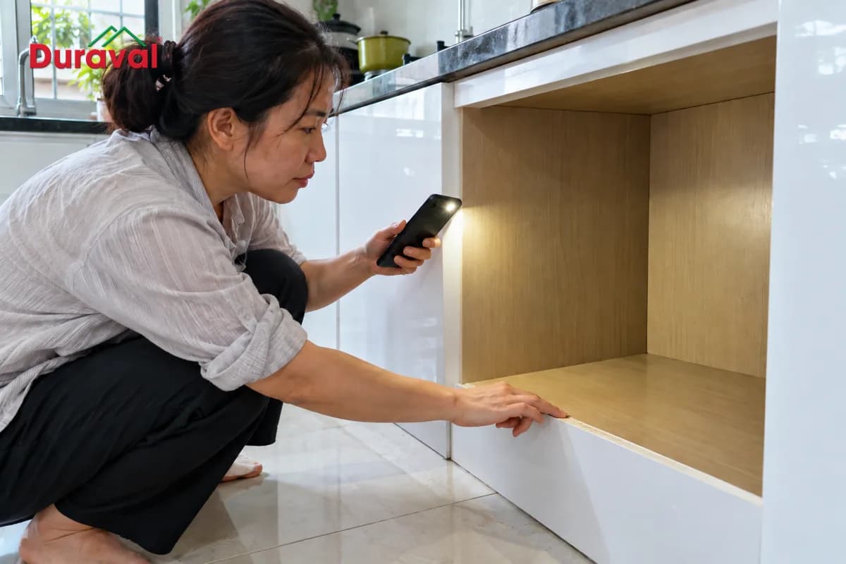 Tay chủ nhà soi đèn kiểm tra vách thùng, hậu tủ và cạnh đáy tủ bếp dưới khi nghiệm thu