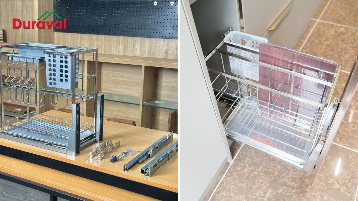 Giá dao thớt inox 304 Duraval D6241 trọn bộ kèm ray bên trái, giá dao thớt D6245 lắp trong tủ dưới showroom bên phải