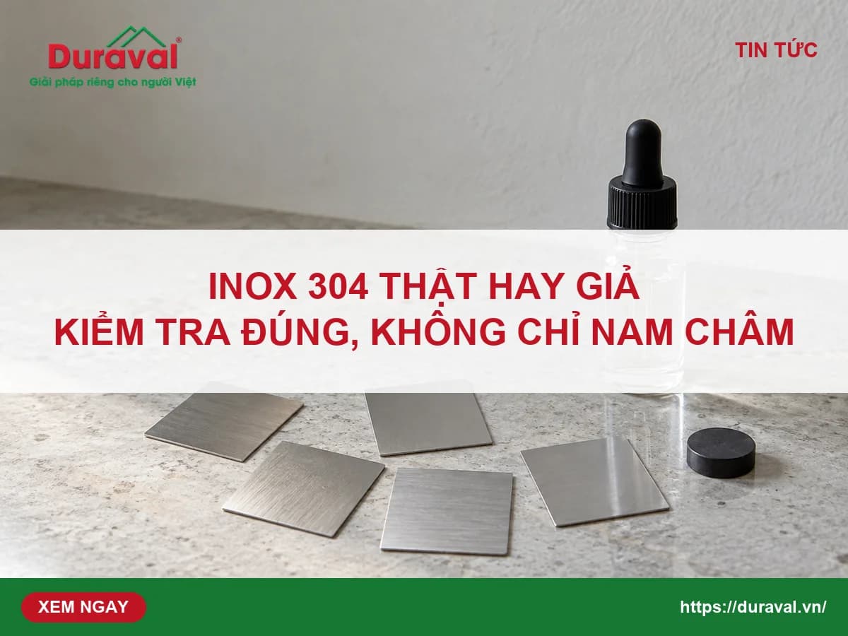 Ảnh bìa Duraval: inox 304 thật hay giả, kiểm tra đúng cách không chỉ bằng nam châm — mẫu tấm inox, nam châm, lọ thuốc thử