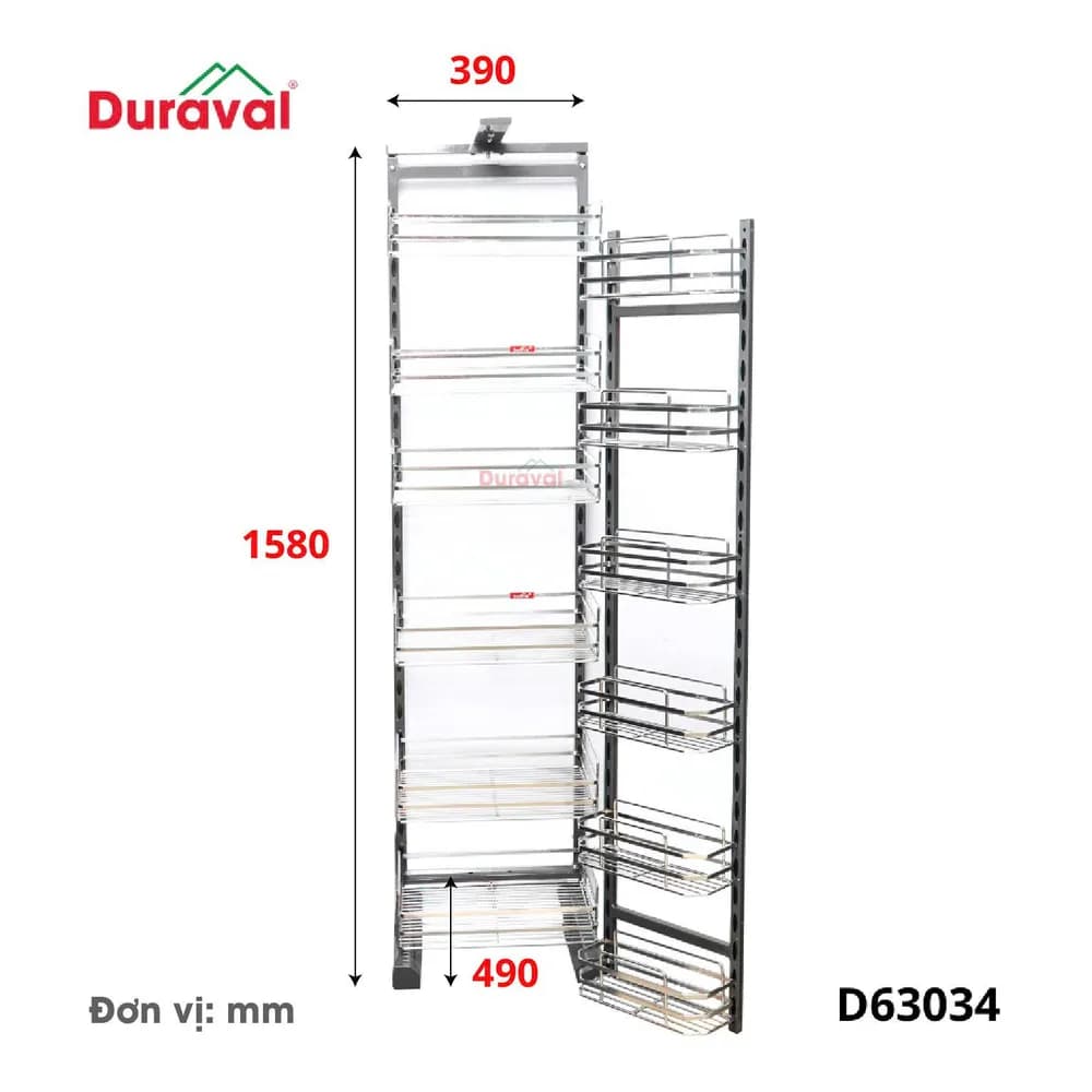 Bản vẽ kích thước tủ đồ khô liên hoàn nan dẹt inox 304 Duraval D63034: rộng 390 mm, sâu 490 mm, cao 1580 mm
