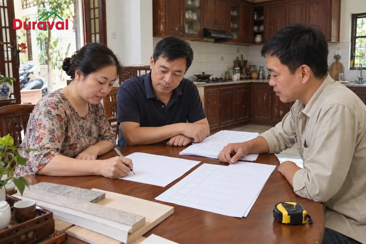 Chủ nhà và thợ làm tủ ký hợp đồng tủ bếp có phụ lục ghi vật liệu từng bộ phận