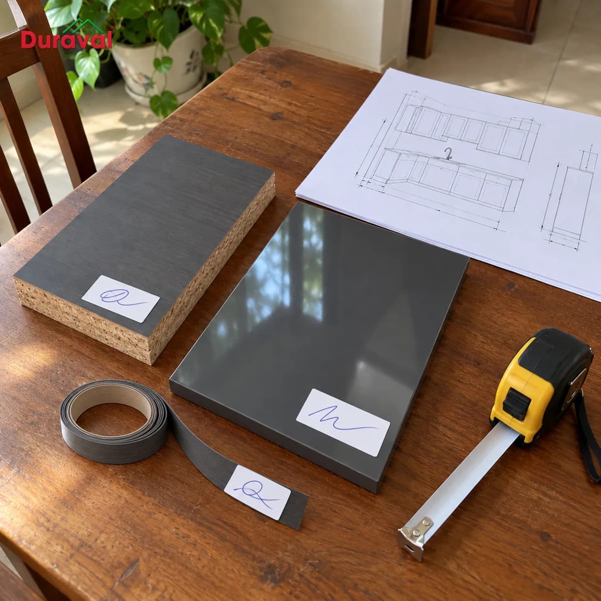 Mẫu vật liệu tủ bếp gồm ván thùng, cánh, chỉ cạnh có chữ ký hai bên để đối chứng khi nghiệm thu