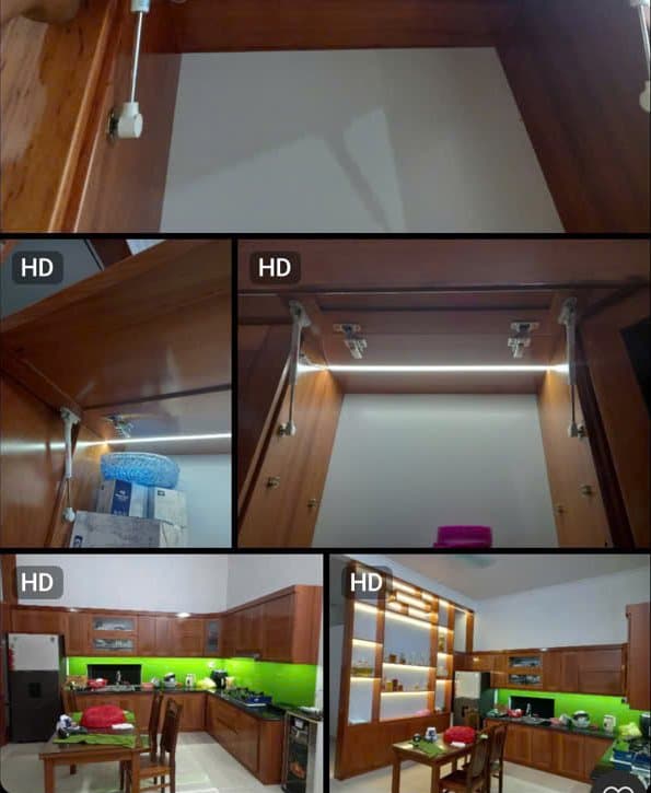 Tủ bếp trên gỗ dùng tay nâng cánh và đèn LED, ảnh khách gửi tháng 8/2026