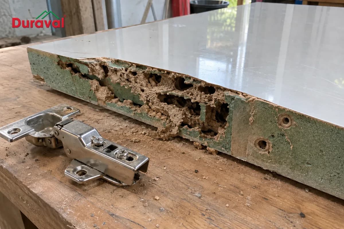 Mặt cắt vách tủ bếp: lớp phủ bóng còn nguyên, lõi ván MDF bị mối ăn rỗng như tổ ong, bản lề bung lỗ vít