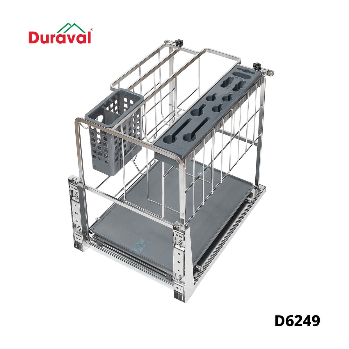 Giá dao thớt inox 304 Duraval D6249 tách nền, thấy ngăn thớt và khay cài dao