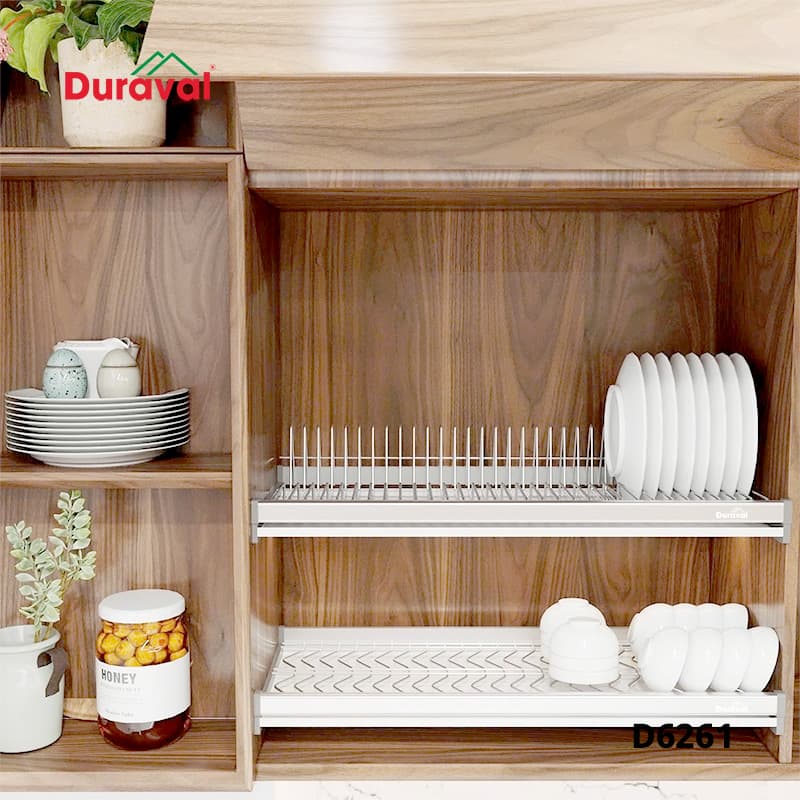 Bộ giá bát đĩa cố định 2 tầng inox 304 Duraval D6261 lắp trong tủ bếp trên gỗ, tầng trên úp đĩa, tầng dưới úp bát