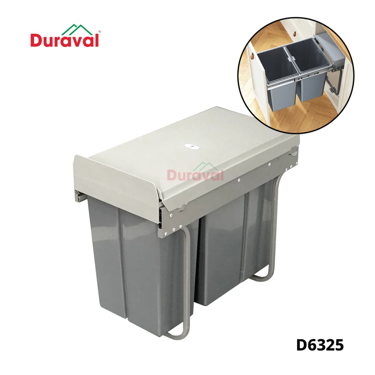 Thùng rác tủ bếp hai ngăn Duraval D6325 màu ghi xám, hai thùng nhựa cạnh nhau dưới nắp đậy, góc ảnh có hình thùng lắp trong tủ