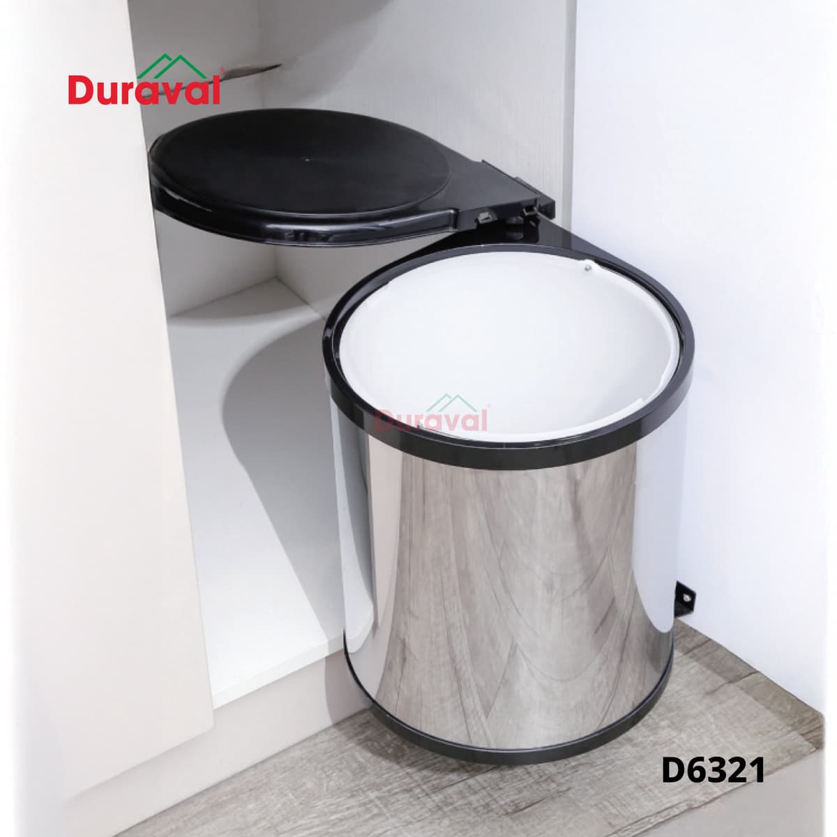 Thùng rác tròn inox Duraval D6321 lắp trong tủ dưới, nắp đen mở, giỏ trong màu trắng