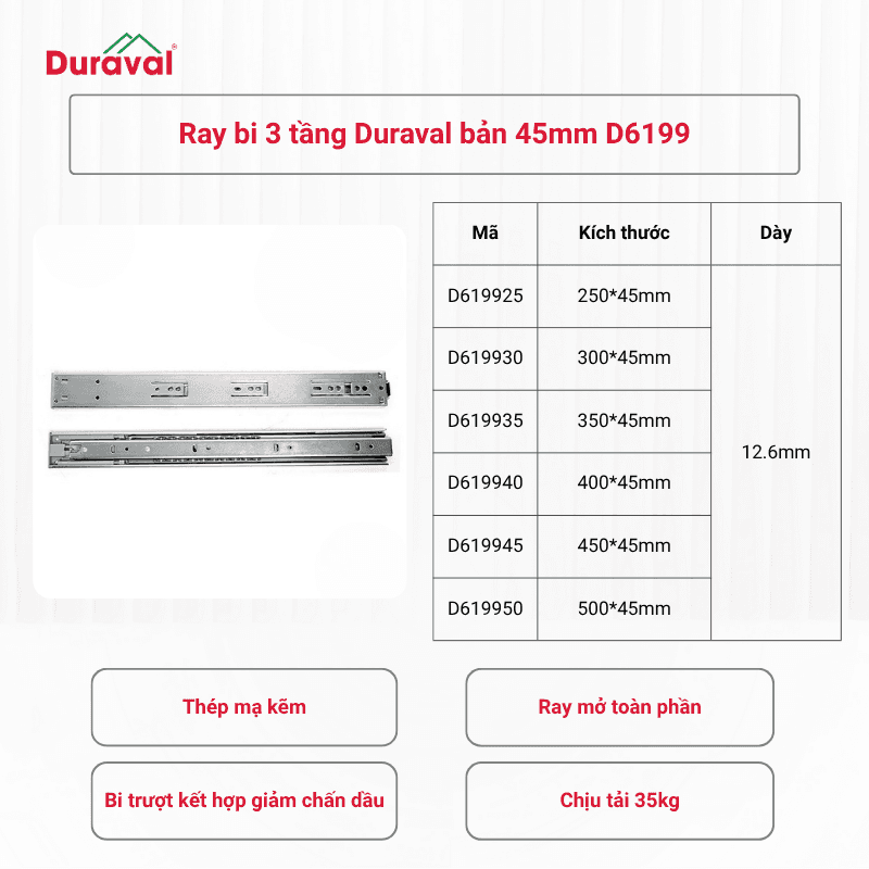Ray bi 3 tầng giảm chấn 45 mm Duraval D6199