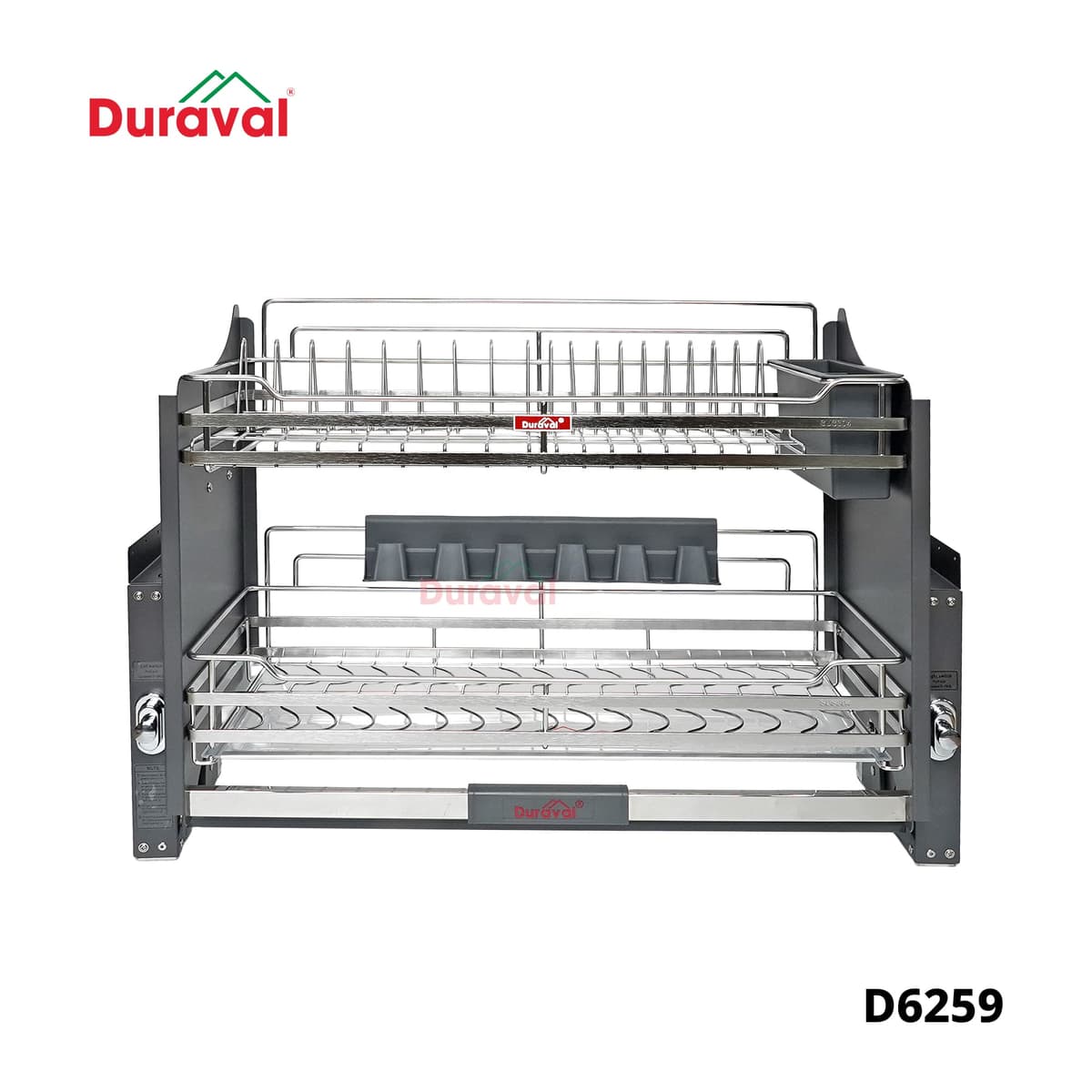 Giá bát nâng hạ inox 304 Duraval D6259 hai tầng, tầng trên úp đĩa, tầng dưới úp bát, khung vách màu xám