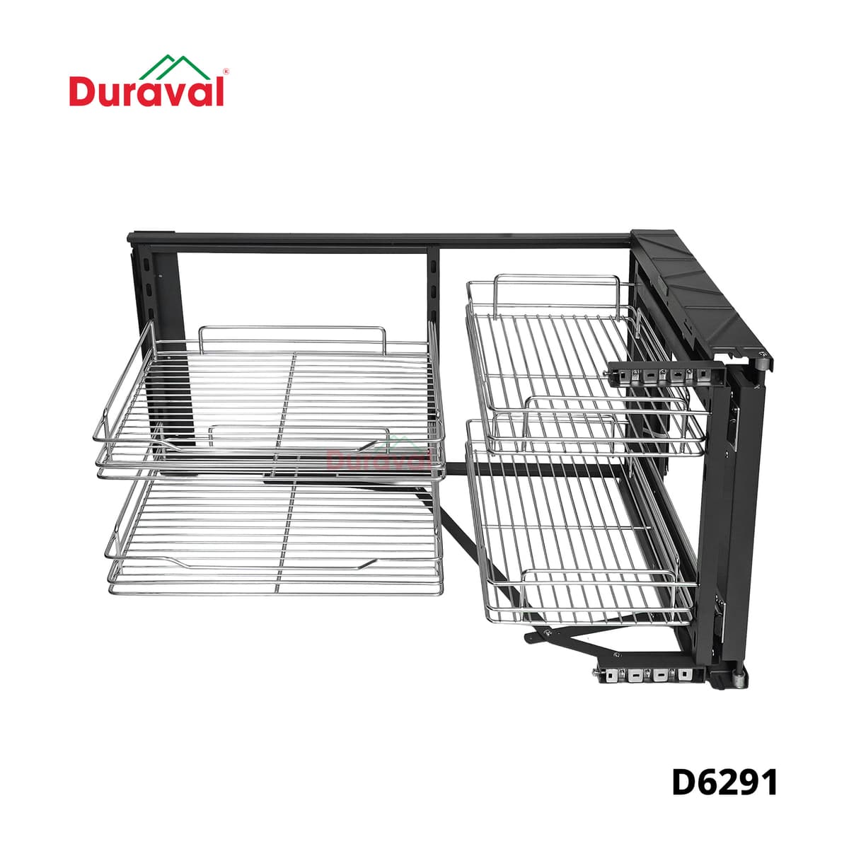 Kệ góc liên hoàn inox 304 Duraval D6291 khung màu ghi, giỏ trước và giỏ trong cho góc khuất tủ bếp dưới