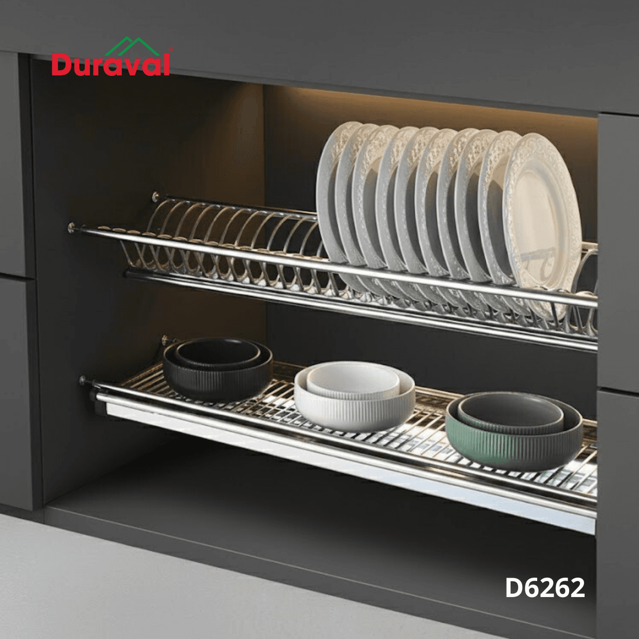 Bộ giá bát đĩa cố định 2 tầng chữ V inox 304 Duraval D6262