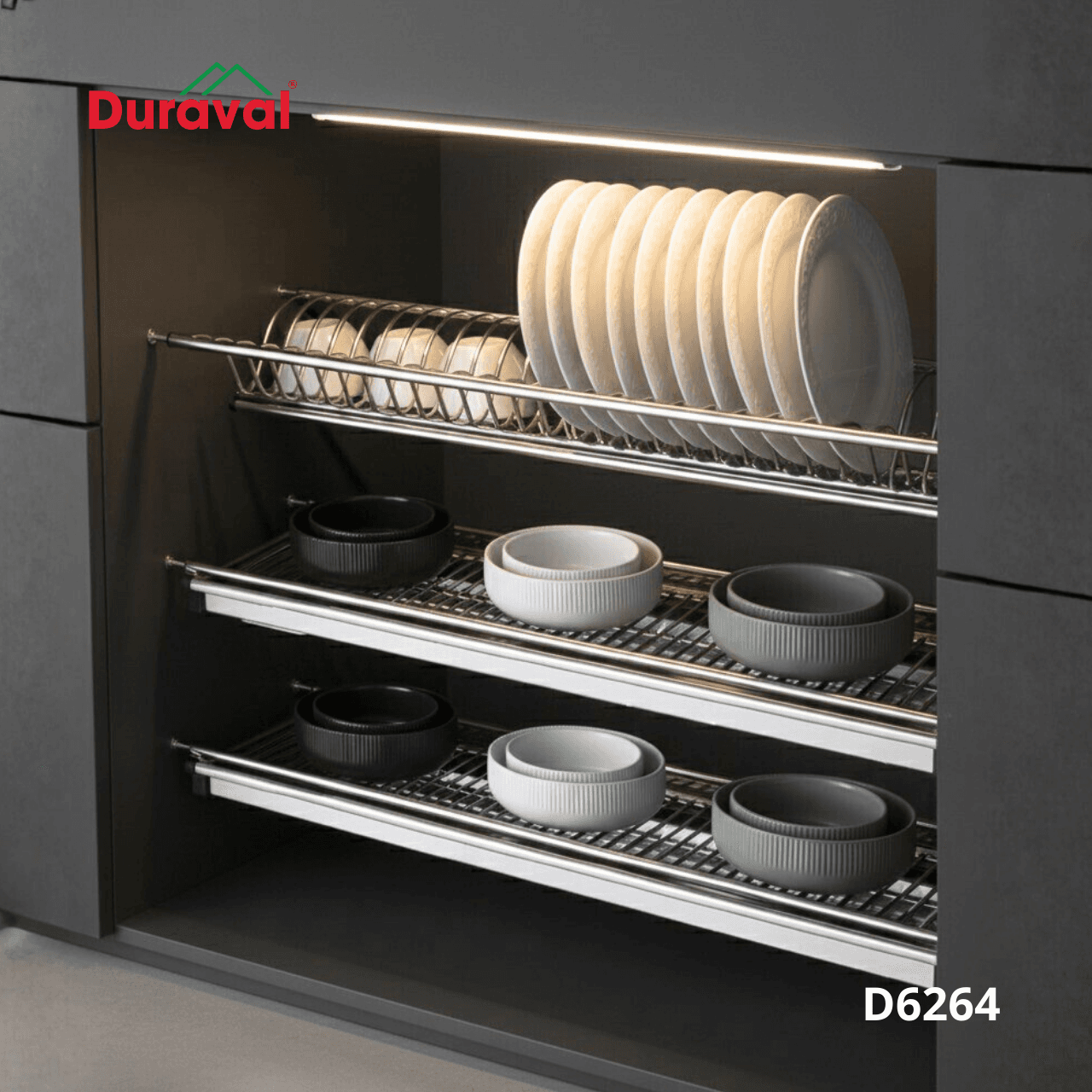 Bộ giá bát đĩa cố định 3 tầng chữ V inox 304 Duraval D6264
